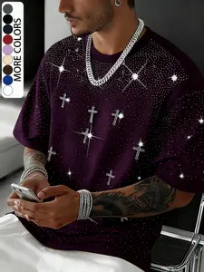 Unisex Rhinestone Cross Pattern Short T-Shirt, Urban Style Casual Elegant Design, Shiny Fashion for Daily Wear and Night
