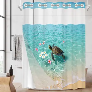 1 Pack No Hook Double Layer Shower Curtain, Beach Turtle & Plumeria Print Bath Curtain, Flower Shower Curtain, Waterproof, Mildew Resistant, Durable Fabric, Coastal Home Decor, Removable Liner, Top See-Through Window, Partition Curtain 71"×74"