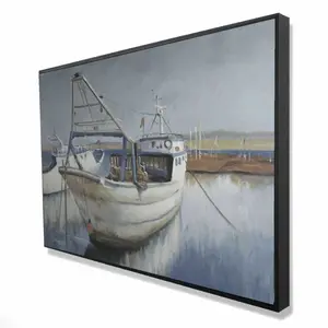 Begin Home Decor 2081-2436-CO41-2 24 x 36 in. Blue Fishing Boat - Marine Blue Framed Canvas for Home Decor