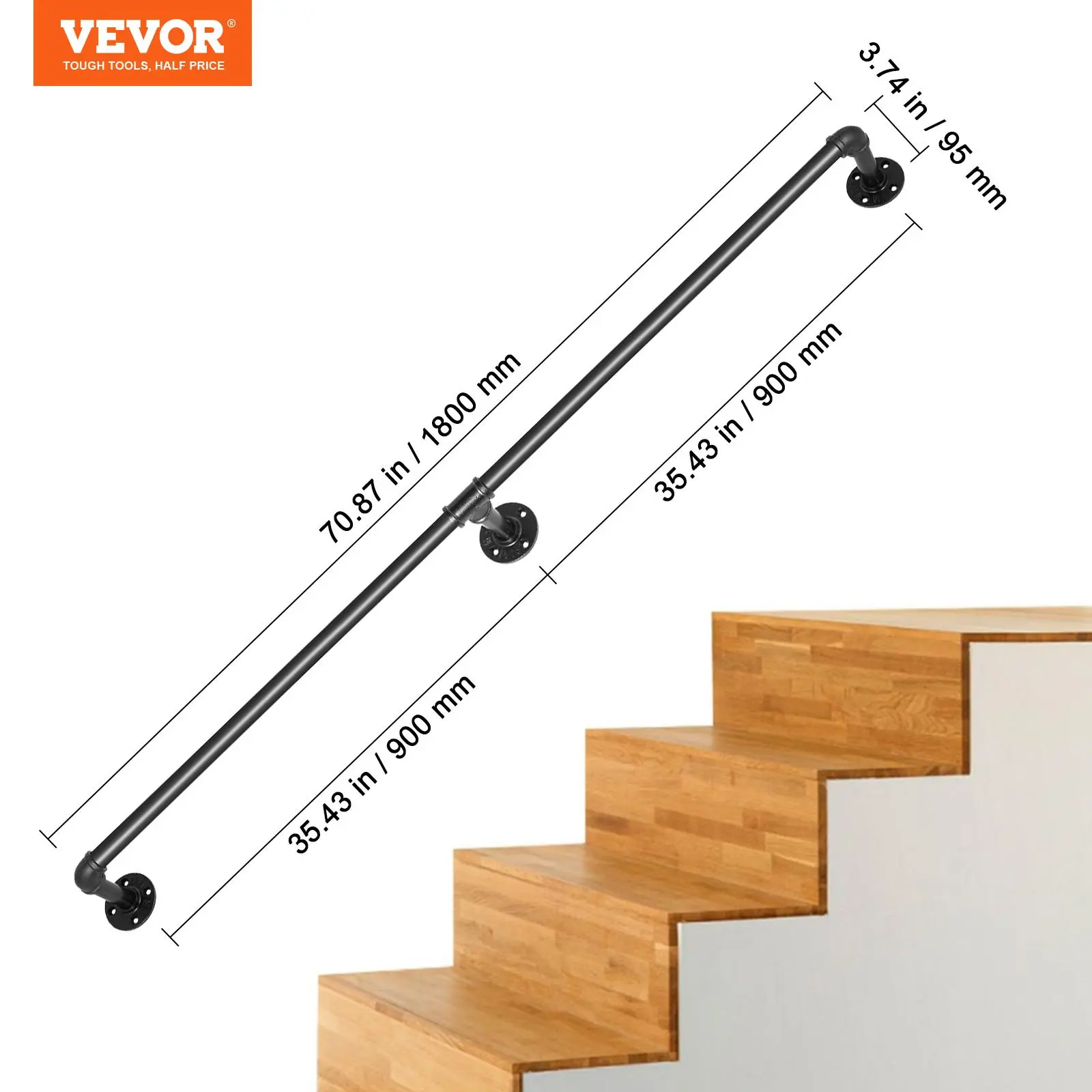 【Backtoschool】VEVOR Pipe Stair Handrail, 6FT Staircase Handrail, 440LBS Load Capacity Carbon Steel Pipe Handrail, Industrial Pipe Handrail with Wall Mount Support, Round Corner Wall Handrailings for Indoor, Outdoor