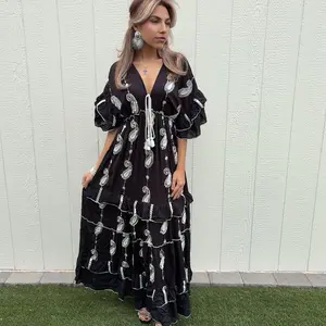 Elegant Black Embroidered Silver Print Maxi Dress with Ruffled Sleeves and V-Neckline