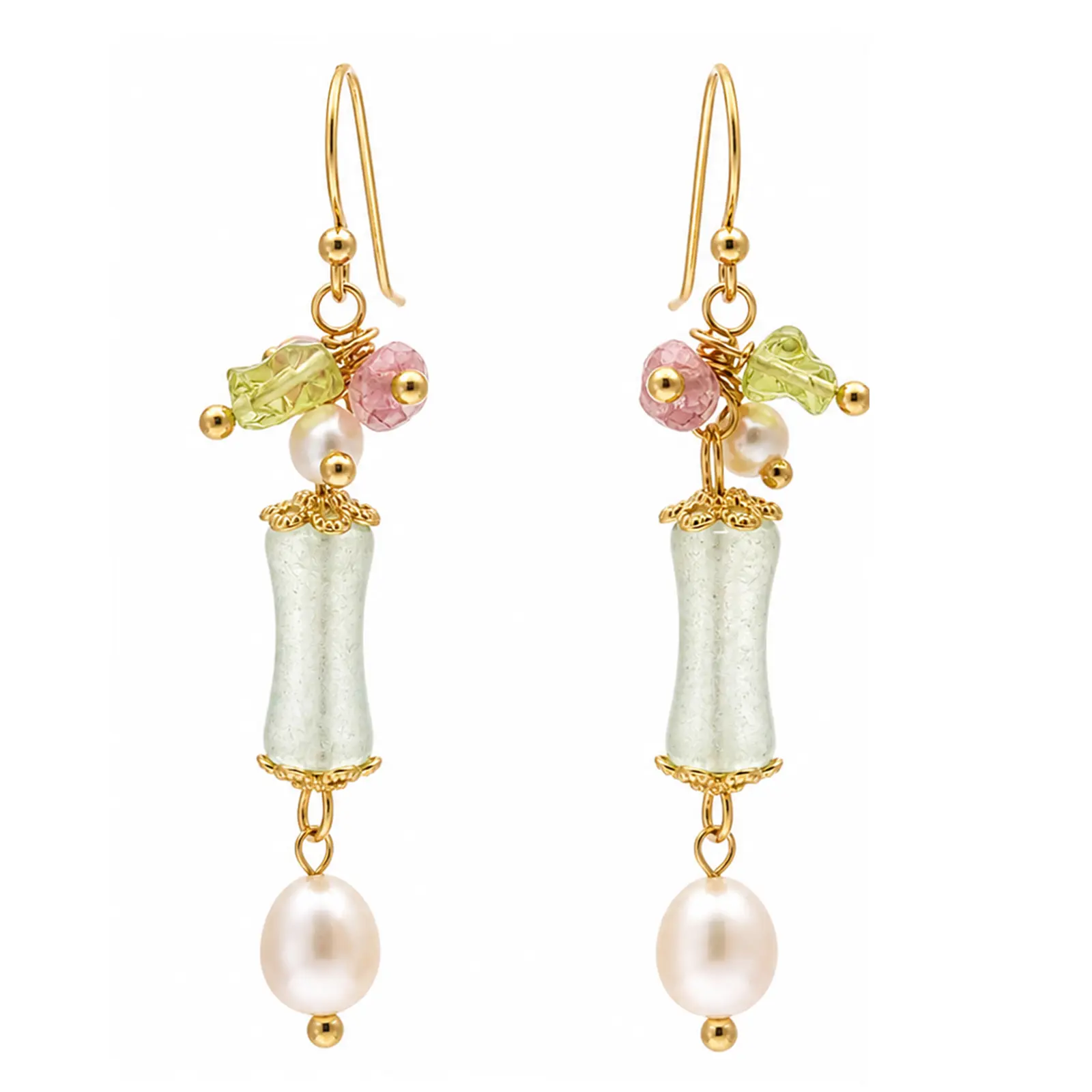 Bamboo-Inspired Drop Earrings for Women, Gold-Plated Copper with Green Aventurine, Tourmaline & Freshwater Pearl, Lightweight Elegant Statement Earrings for Daily Wear & Gifts