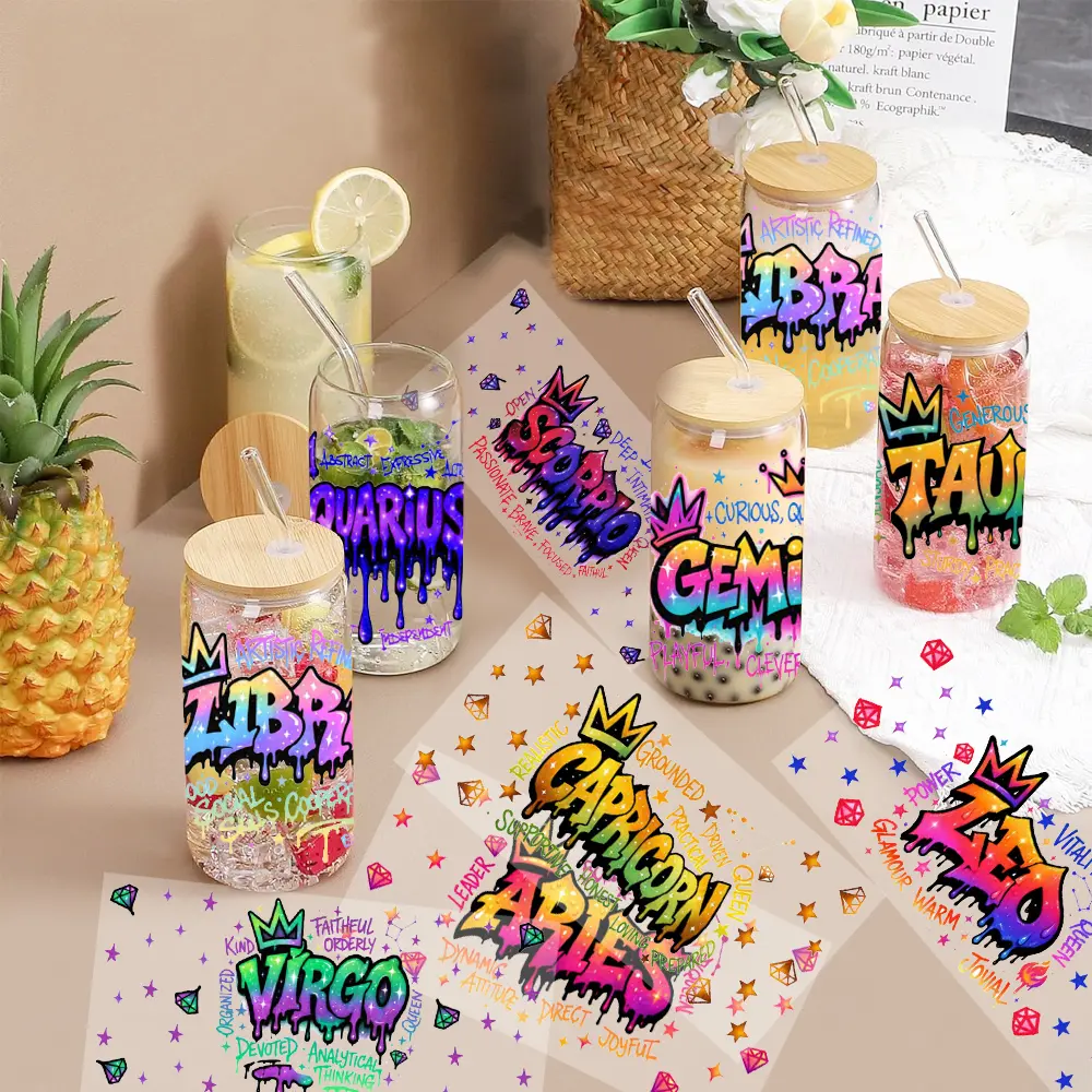 12 Sheets/Set 16oz UV DTF Cup Wraps Twelve Constellations on Transfers for Crafting Cup Decal Stickers