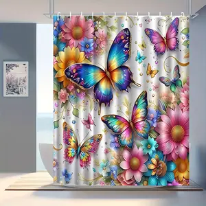 Butterfly pattern printed shower curtain, suitable for home bathroom decoration, easy to install polyester fiber bathtub curtain with hooks, room partitions, machine washable windows, bathroom decoration