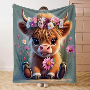 Cute Highland Cow Pattern Flannel Blanket, Soft Comfortable Throw Blanket, Cool Bedroom Bedding Blankets, Warm Napping Blanket for Home Office Camping
