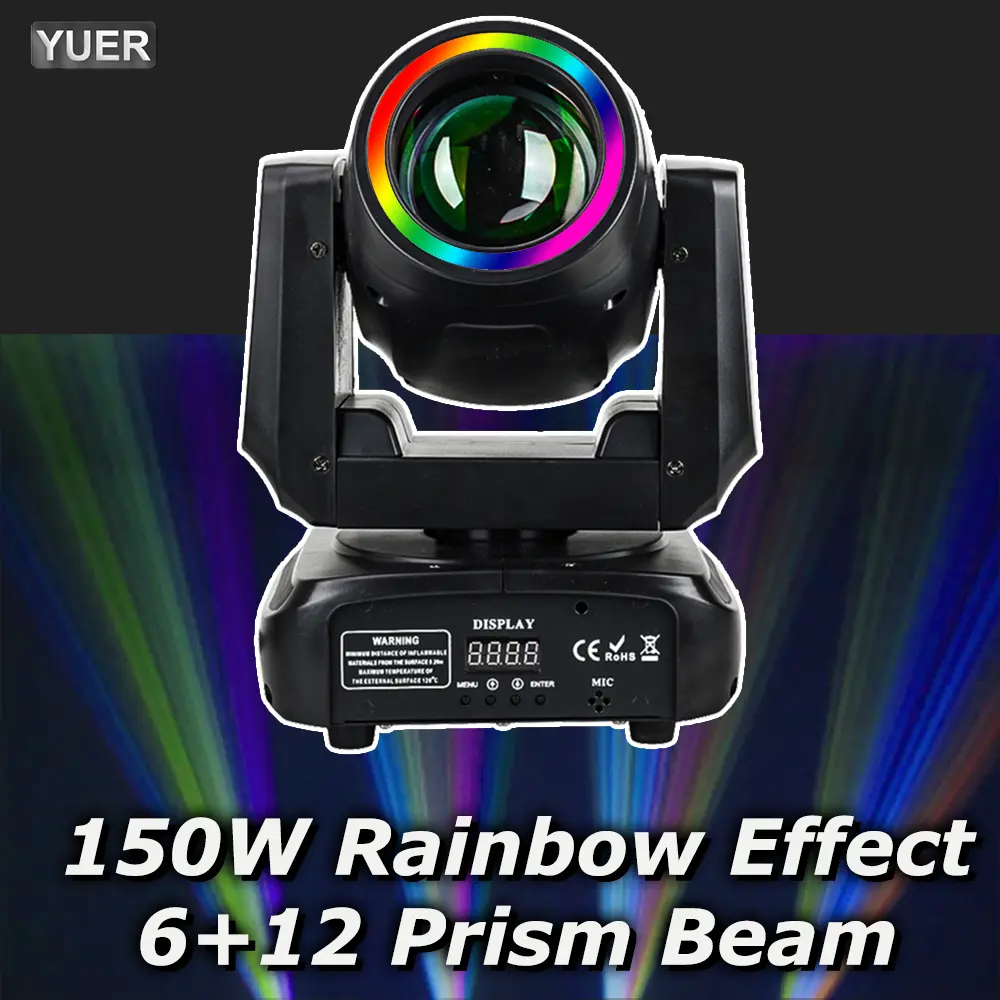 YUERLT Mini 150W Beam Moving Head Light with Aperture Spot, Rainbow Effect, 6&12 Prism, DMX512 Control for DJ Disco Party Stage Lighting