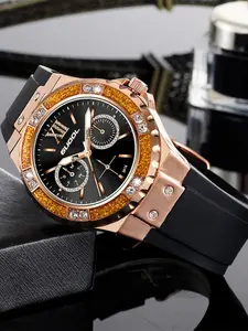 Women's Fashion Rhinestone Watch, Crystal Bezel, Roman Numerals Elegant Round Dial, Rose Gold Pointer, Dual Subdials, Silicone Strap
