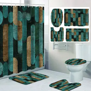 1pc/4pcs Blue Green Brown Geometric Pattern Printed Shower Curtain Set, Bathroom Set Includes Shower Curtain, Non-Slip Bath Mat, Toilet Lid Cover, Bathroom Rug and 12 Plastic Hooks, Bathroom Accessories, Gift, Home Decor