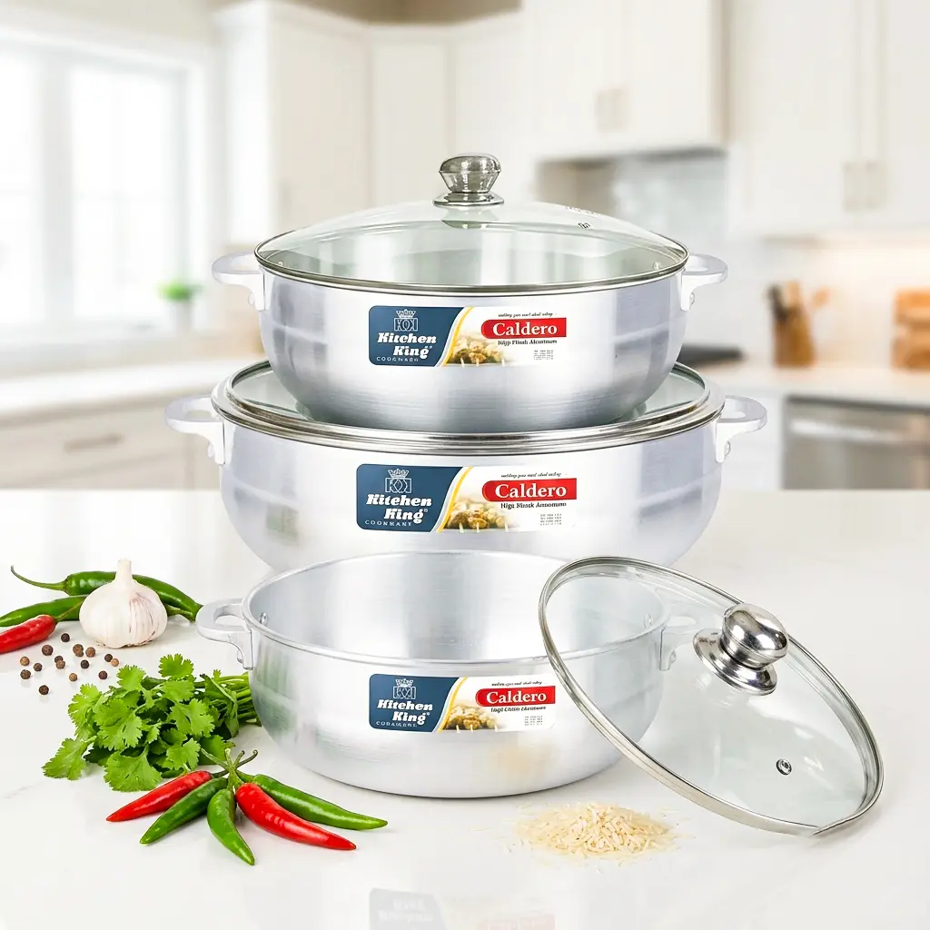 Kitchen King - Caldero Pots with Glass Lid sizes 8 - 20 Inches, Modern Hygienic Cooking Pots, Heavy Duty Cookware, Smooth Handles