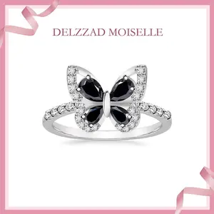 Delzzad 2ct Black Butterfly Pear Synthetic Moissanite Unique Ring S925