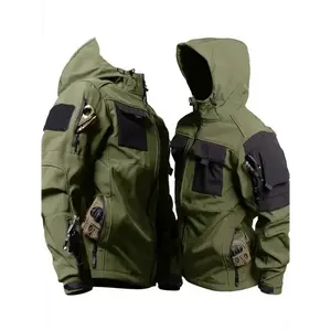 Men's Outdoor Jacket with Hood, Sharkskin Softshell, Multi-Pocket Workwear, Fleece-Lined Motorcycle Top, Windproof, Polyester - Winter/Spring/Fall