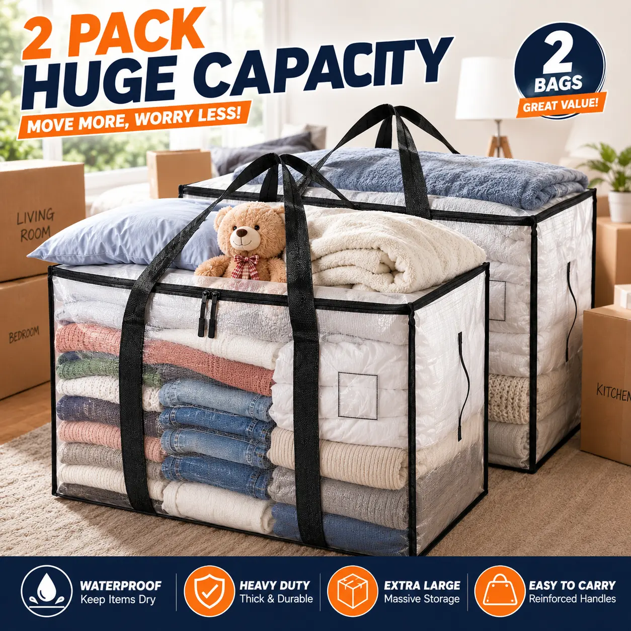 Heavy-Duty Extra Large Collapsible Zippered Clear Plastic Storage Bags (4 Count) - Quality Home & Office Organizer, Moving Bag, Storage Organization, Clothing Organization for Clothes, Tools, Bulky Items, Clothing Organization Storage