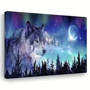 1 Piece Aurora Wolf Canvas Wall Art, Wooden Frame Abstract Landscape Print, Bachelorette Party Home and Office Decoration, Unique Holiday Gift, Woven Fabric, 11.8x 15.7inch , Beautiful Room Decoration, Perfect for Room Decoration