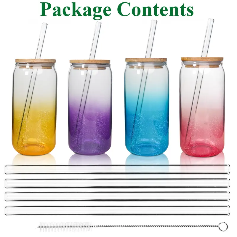 Retro Round Glass Drinking Glasses Set (4-Pack) - Lead-Free Colored Straw-Ready Cups with Lids & Straws, 500-1000ml Cold Brew/Cocktail Cups for Home/Bar Use