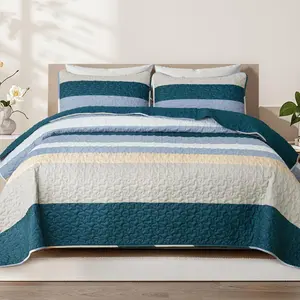 King Size Set - Reversible Navy Blue King Size with 2 Pillow Shams, Lightweight Boho Striped Oversized Bedspreads Coverlet Bedding Set for All