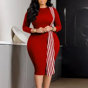 Summer Autumn Clothes Elegant Office Dresses for Women O Neck Full Sleeve Striped Patchwork Sheath Package Hips Mid Calf Professional Business Dress
