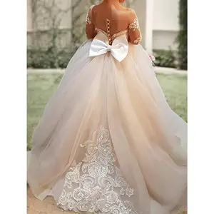 1pc Girls’ 9/16 Sleeve Puff Sleeve Princess Dress with Large Bow, Elegant Long Tulle Wedding Dress for Kids Ages 12 and Under, A-line silhouette, polyester, dry clean only, perfect for performances and special occasions