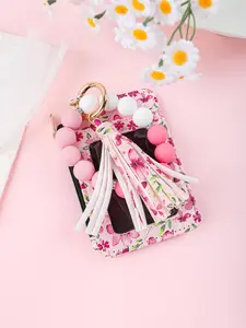 Floral Wristlet Keychain Card Holder, PU Leather with Card Slot and Zipper Pocket, Multifunctional Beaded Keychain, Perfect Mother's Day Gift