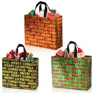 Large Christmas Gift Bags Set of 12 with Handles, Reusable Non-Woven Fabric, Gold Foil Tree Design, Perfect for Holiday Parties & Shopping