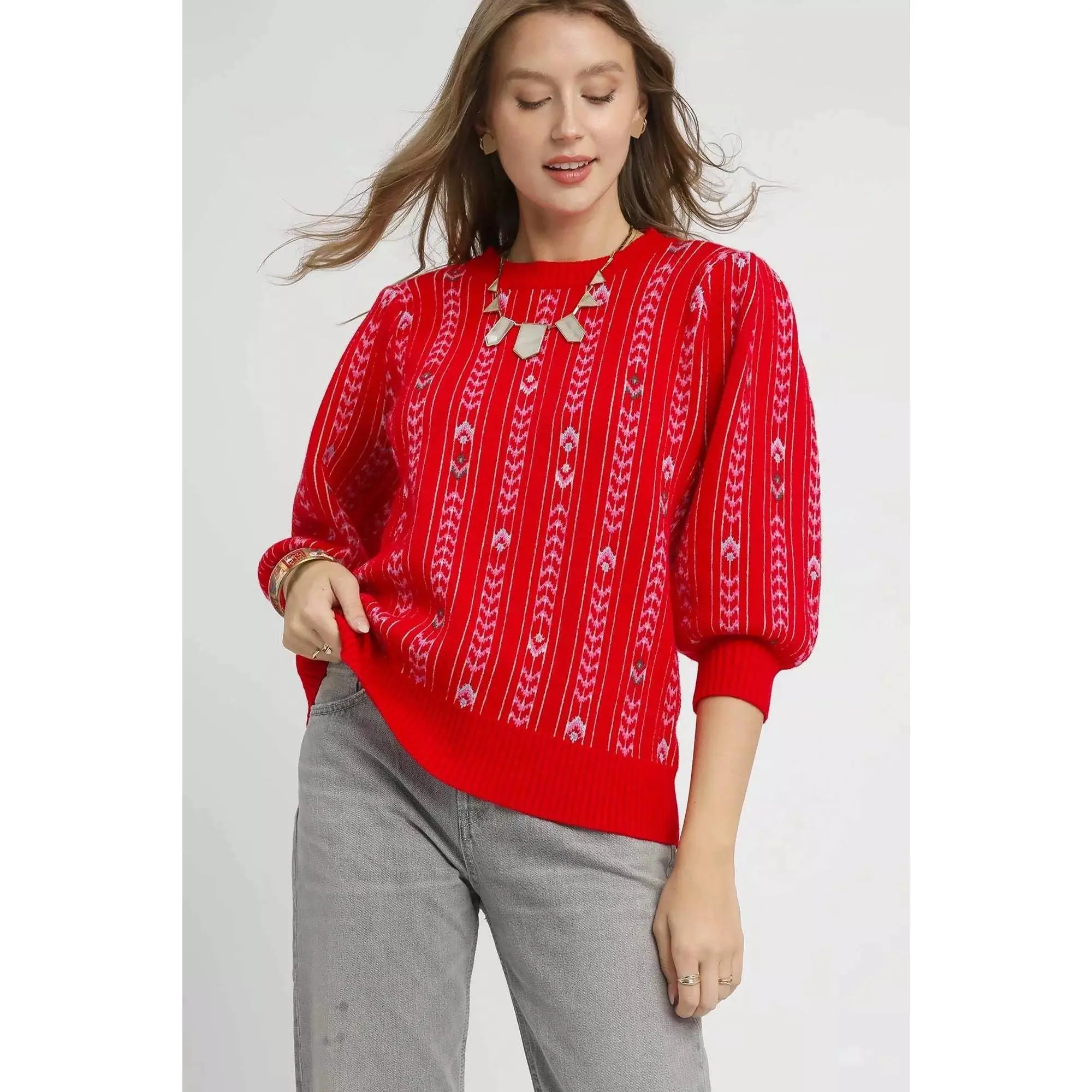 Umgee Jacquard Knit Puff Sleeve Sweater