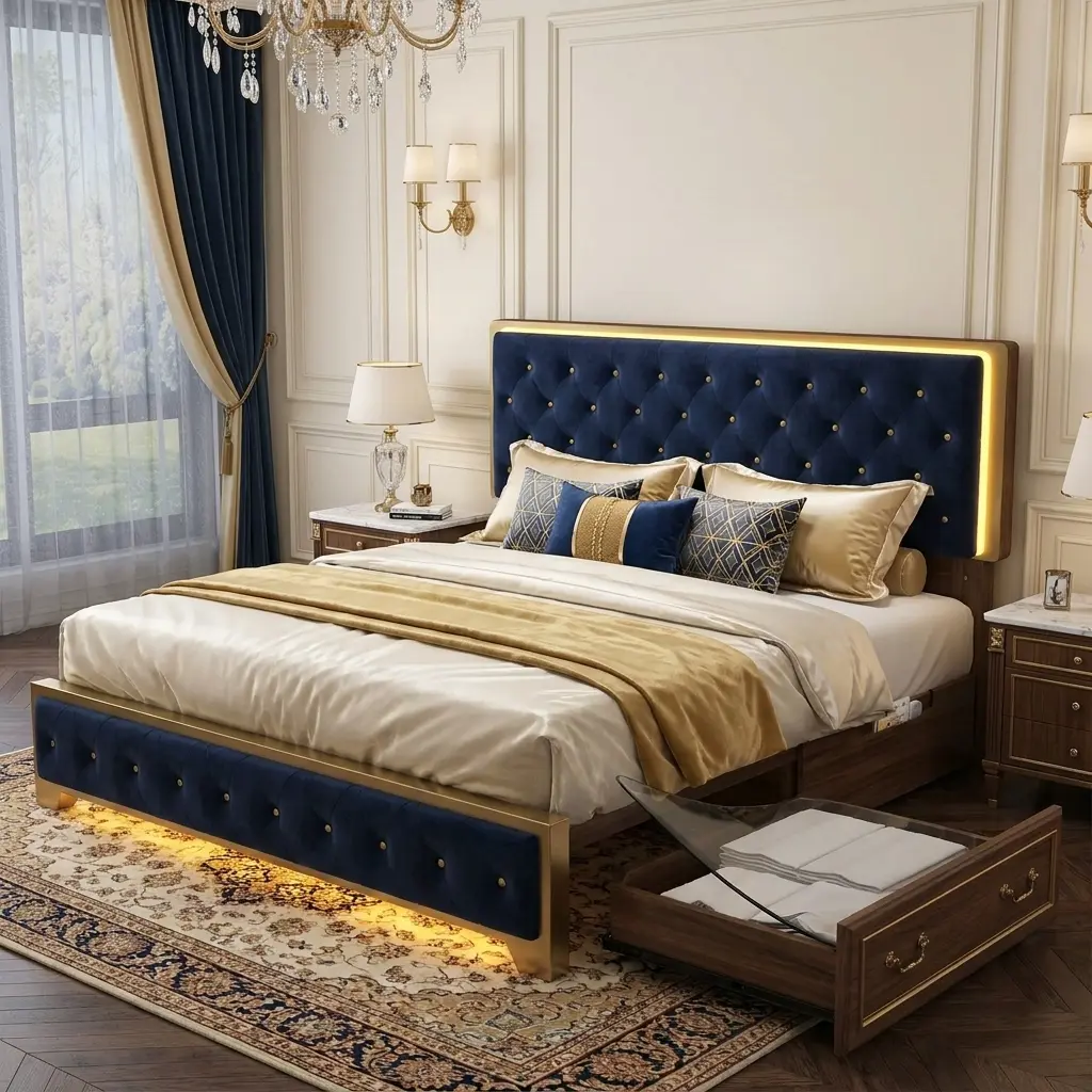 SIBEDS Queen Size LED Bedframe, Modern Upholstered Bed with LED Lights, 2 Storage Drawers, High Tufted Crystal Button Headboard, Noise-Free Platform Bed, No Box Spring Needed, PU Velvet/Leather, Black & Gray