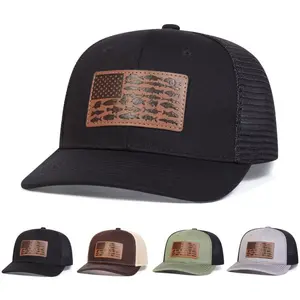 Unisex Fish American Flag Brown Leather Patch Hat Baseball Cap Mesh Hat Outdoor Adjustable Sunscreen Leisure Hat Spring Autumn Travel Tourism Beach Vacation