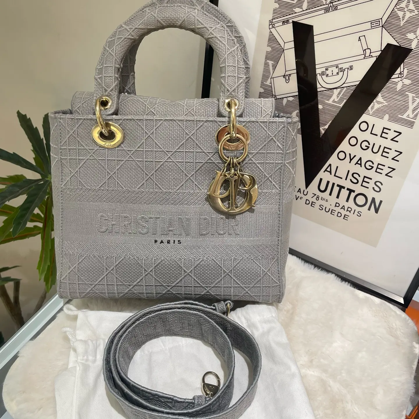 Pre-owned Dior Lady D Lite Medium Handbag Grey Cannage Embroidered Canvas, Dual Top Handles, Original Matching Wide Shoulder Strap, Gold Accents, Shoulder Bag, Crossbody Bag, Shoulder Bags, Crossbody Bags