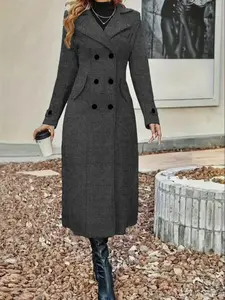 Women’s wool blend coat for fall/winter, jackets, long fitted over-the-knee design, minimalist style, double-breasted closure, slimming effect, solid color, soft chic womenswear