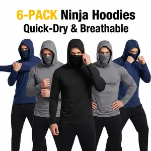 【6-Pack】men's outdoor work sun protection clothing with sun-blocking hoodie, featuring built-in face mask and neck guard, breathable long-sleeve hoodie