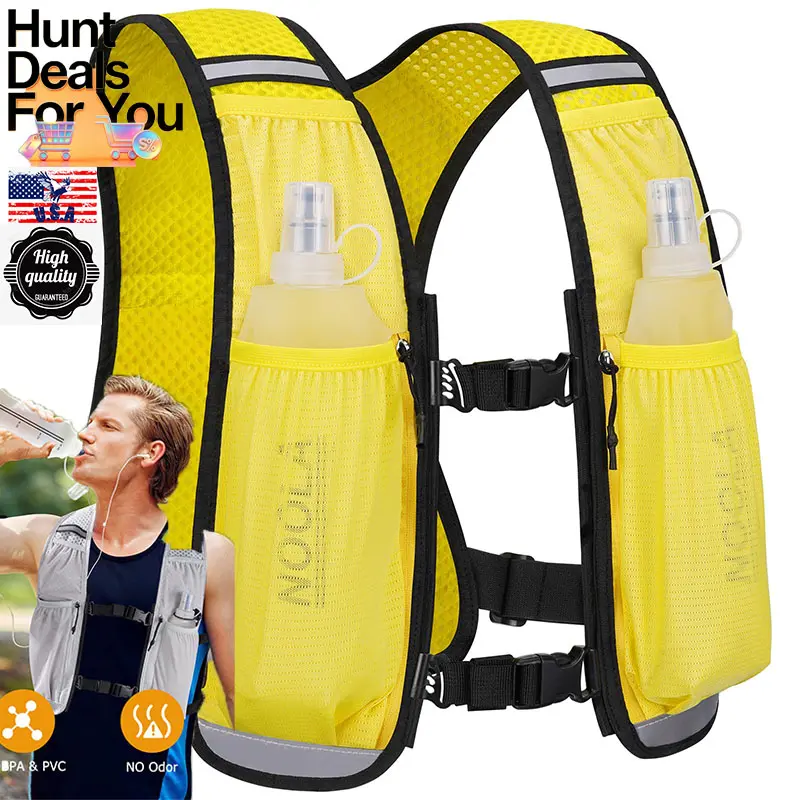 [SUPER Deals ] YELLOW Running Vest with Dual 500ml Soft Flask, Lightweight Hydration Vest for Women Men, Water Backpack with Adjustable Strap