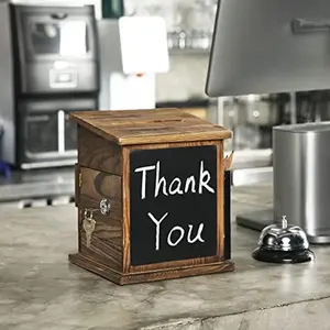 Wall Mounted Burnt Solid Wood Collection Box/Suggestion Box with Black Metal Card Holder, Chalkboard Label and Lock