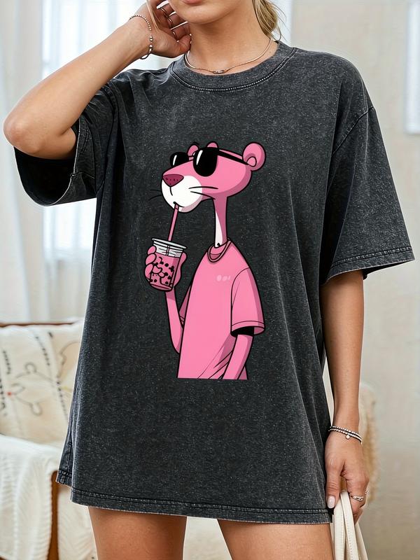 Women's Plus Size Cotton Fabric Pink Panther Cartoon Graphic T-Shirt - Oversized, Vintage Washed, Crewneck, Short Sleeve, Retro 90s, Boba-Themed, Fitted Comfortable, Streetwear Style, Ideal for Beach, Anniversary Gatherings