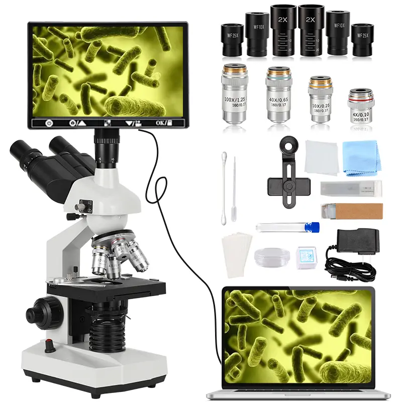 Lab Grade Trinocular Digital Microscope - 40X-5000X Magnification, Dual Mechanical Stage, HD USB Camera for Bacteria/Mite Observation, Adult Educational & Office Use, Mites