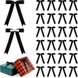 24 Pcs Satin Ribbon Bows 5x7'' Self Adhesive Stick on Premade Satin Bows with Double Sided Tape for Gift Wrapping DIY Crafts Decor Wedding Bridal Birthday Balloons(Black)
