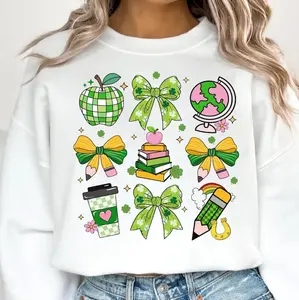 Coquette Patrick's Day Teacher Sweatshirt, One Lucky Teacher Shirt, Patrick Day Shamrock Lucky Bow, Trendy Patrick's Day Teacher Gift