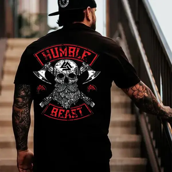 Men's Natural Oversized Pure Cotton Viking Graphic Crew Neck T-Shirt - Breathable, Drop Shoulder, Relaxed Fit, Soft Fabric, Cold Wash, 2XL - for Casual Biker Vibe, Beach Cover-Up - Denim/Swimsuit/Simple Streetwear Sports Top