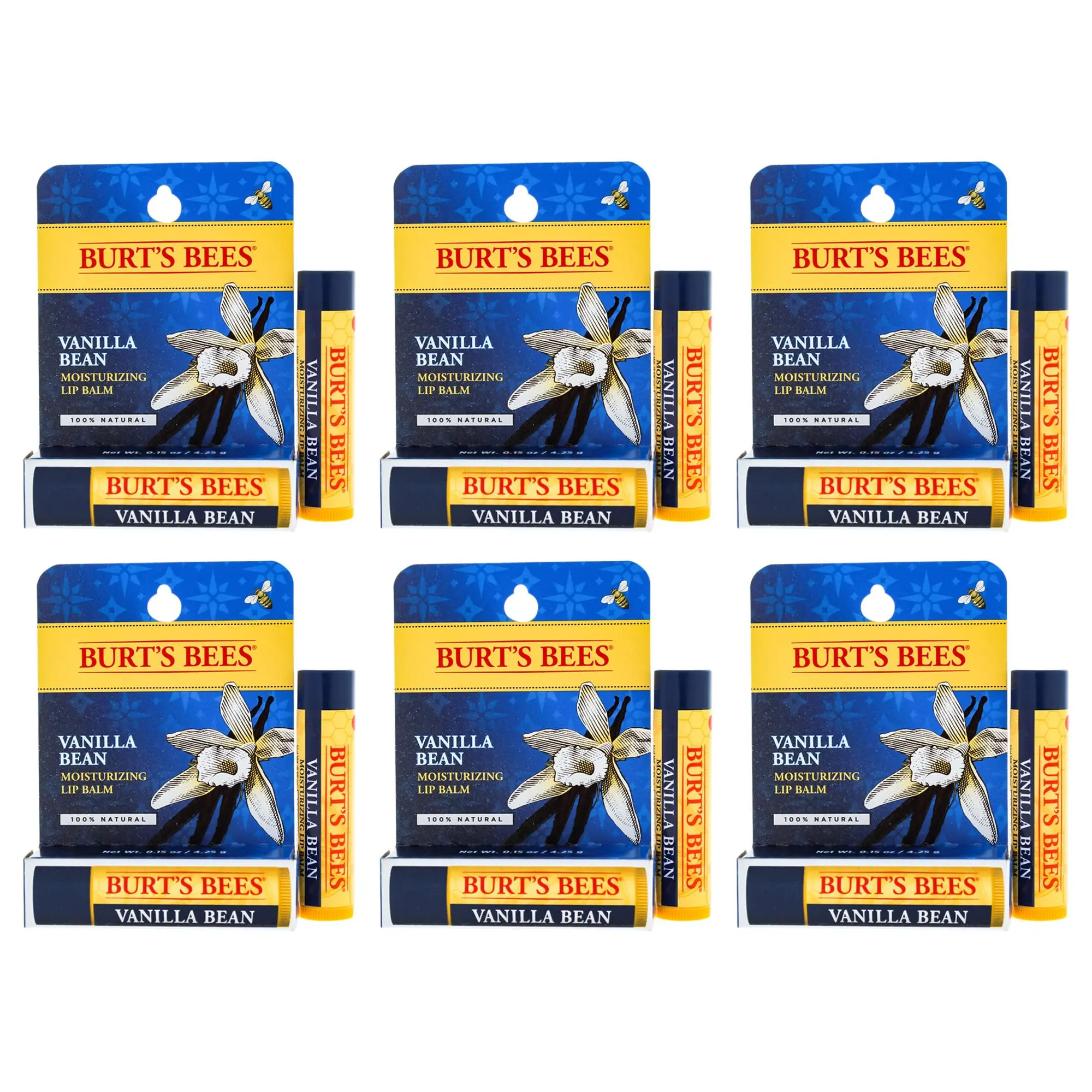 Burt's Bees Unisex Vanilla Bean Moisturizing Lip Balm (Lip Care, Daily Use, Hydrates, Vanilla Aroma) - 0.15oz, Blister-Packed, Pack of 6