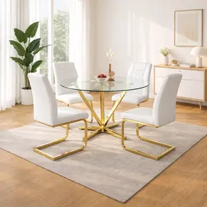 45 Inch Round Glass Dining Table for 4-6, Tempered Glass Top & Gold Metal Base, Modern Kitchen Table for Small Spaces, Living Room, Easy Assembly, Clear diamond furniture