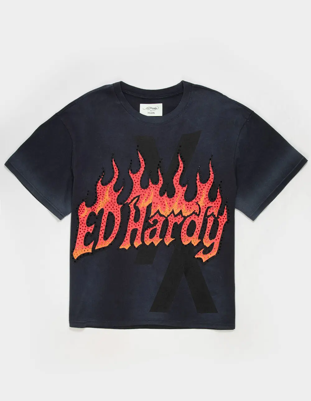 ED HARDY x MGK Flames Shadow Rhinestone Mens Boxy Tee