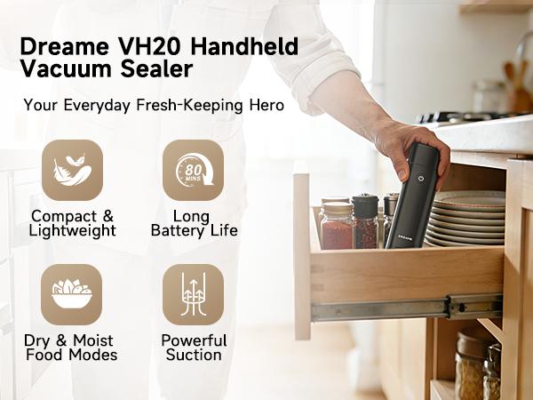 DREAME VH20 Handheld Vacuum Sealer Machine for Food with 30 Reusable Vacuum Bags, Compact Food Vacuum Sealer, Auto Stop, Rechargeable Food Sealer Saver, Dry & Moist Modes, For Container & Wine Bottles