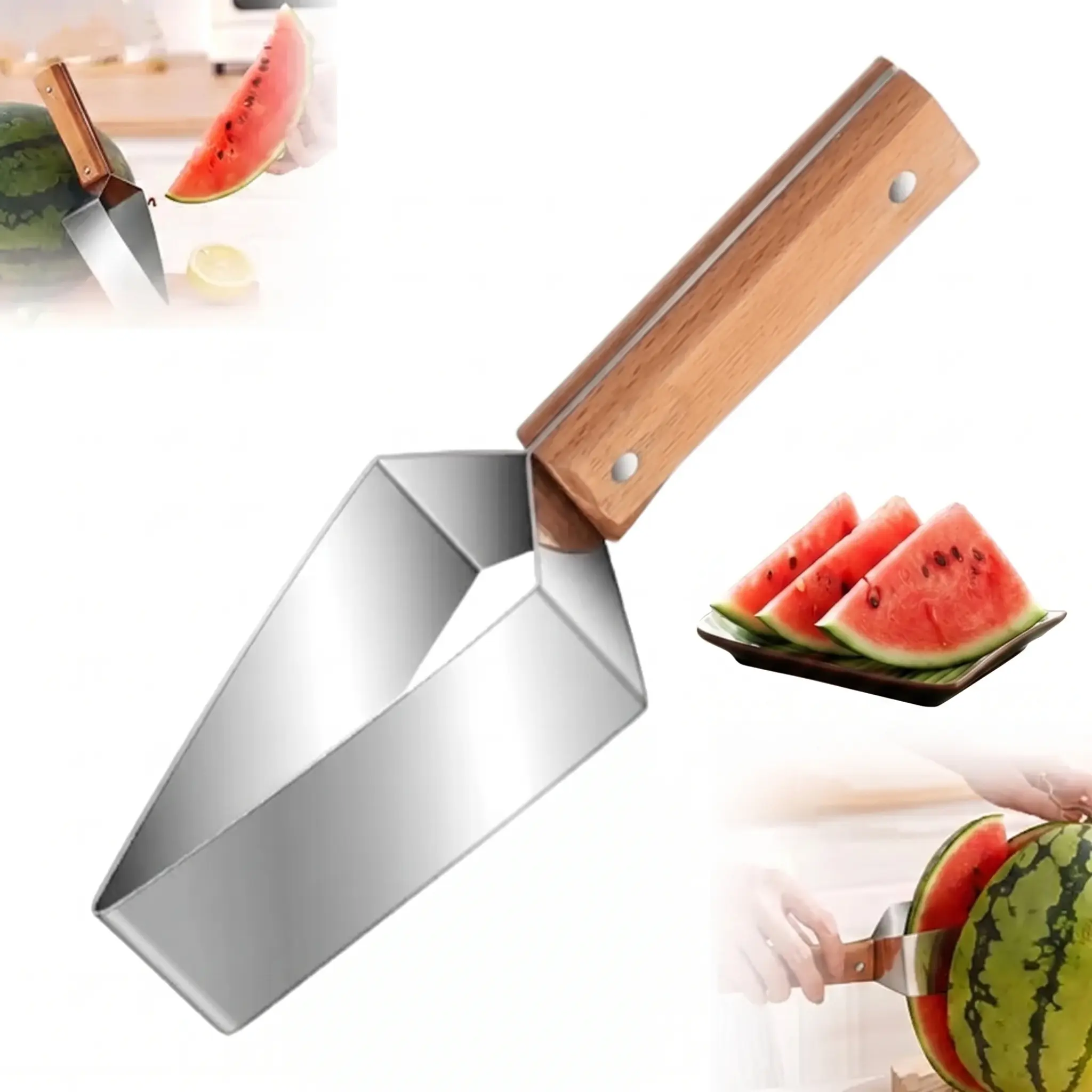 Shaped Stainless Steel Heavy-Duty Triangle Watermelon Slicer with Wooden Handle, Kitchen Utensil Fruit Cutter for Cantaloupe, Honeydew, 2026 Summer Kitchen Gadget