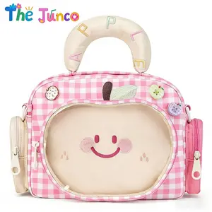 THE JUNCO Apple Ita Bag – Cute Plaid Dopamine Design, Clear Display Window Perfect for Blind Box Figures, Kawaii Smiley Style, 2-in-1 Backpack Shoulder Bag for Daily Carry