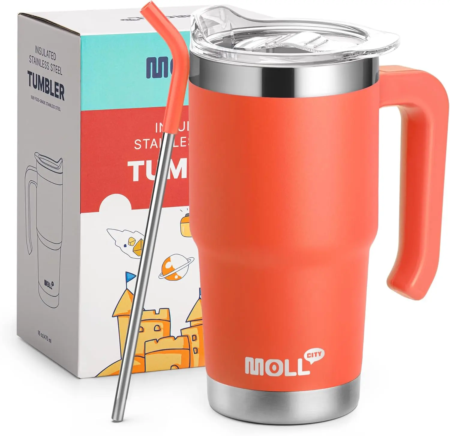 Mollcity 16 oz Stainless Steel Vacuum Insulated Tumbler with Handle, Lid & Straw - Thermos Cup, Insulated Tumbler Set, Insulation Drinkware for Women, Back to School Wide Mouth Travel Mug