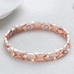 Women's leaf bracelet, pure copper magnetic bracelet with diamonds, 3500 gauss effective magnet, outdoor fun Trendy Stack Bangle Trendy Jewellery Accessories