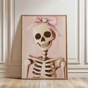 Cute Pink Girly Halloween Spooky Bedroom Coquette Art, Physical Poster - Halloween Skeleton with Pink Bow Art Print, Oil Painting