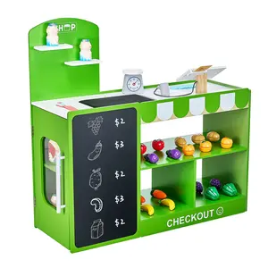VEVOR Kids Grocery Store Playset,  Wooden Play Market Stand with Shopping Bag, Kids Supermarket Pretend Play Store with Conveyor Belt, Scanner, Cash Register, Realistic Scale, Gift for Boys & Girls