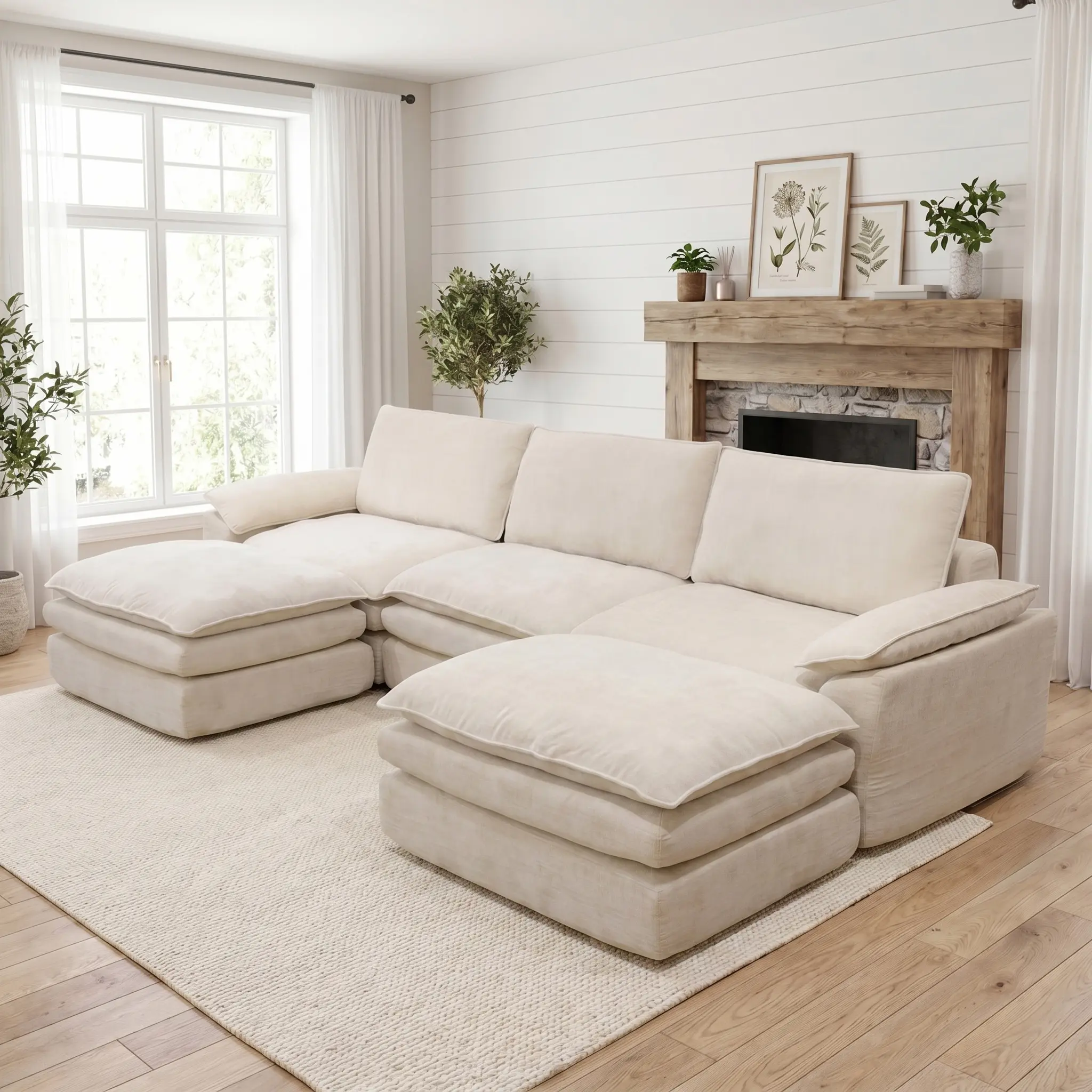 U-Shaped Boneless Modern Modular Sectional Cloud Couch with Ottoman, Comfy Chenille Deep Seat Sofa Bed with 5 Pillows for Living Room, Bedroom and Apartment, 5-Seater Sectional Sofa