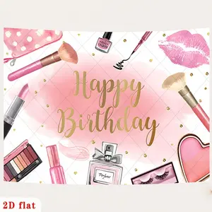 2D Flat, [PARTY BANNERS] 2D Flat Banner, 1pc Glam Pink Birthday Makeup Tools Golden Script Lip Print Glitter Polyester Backdrop, for Party Decor Farm, Garden, Home, Room, Club, No Electricity