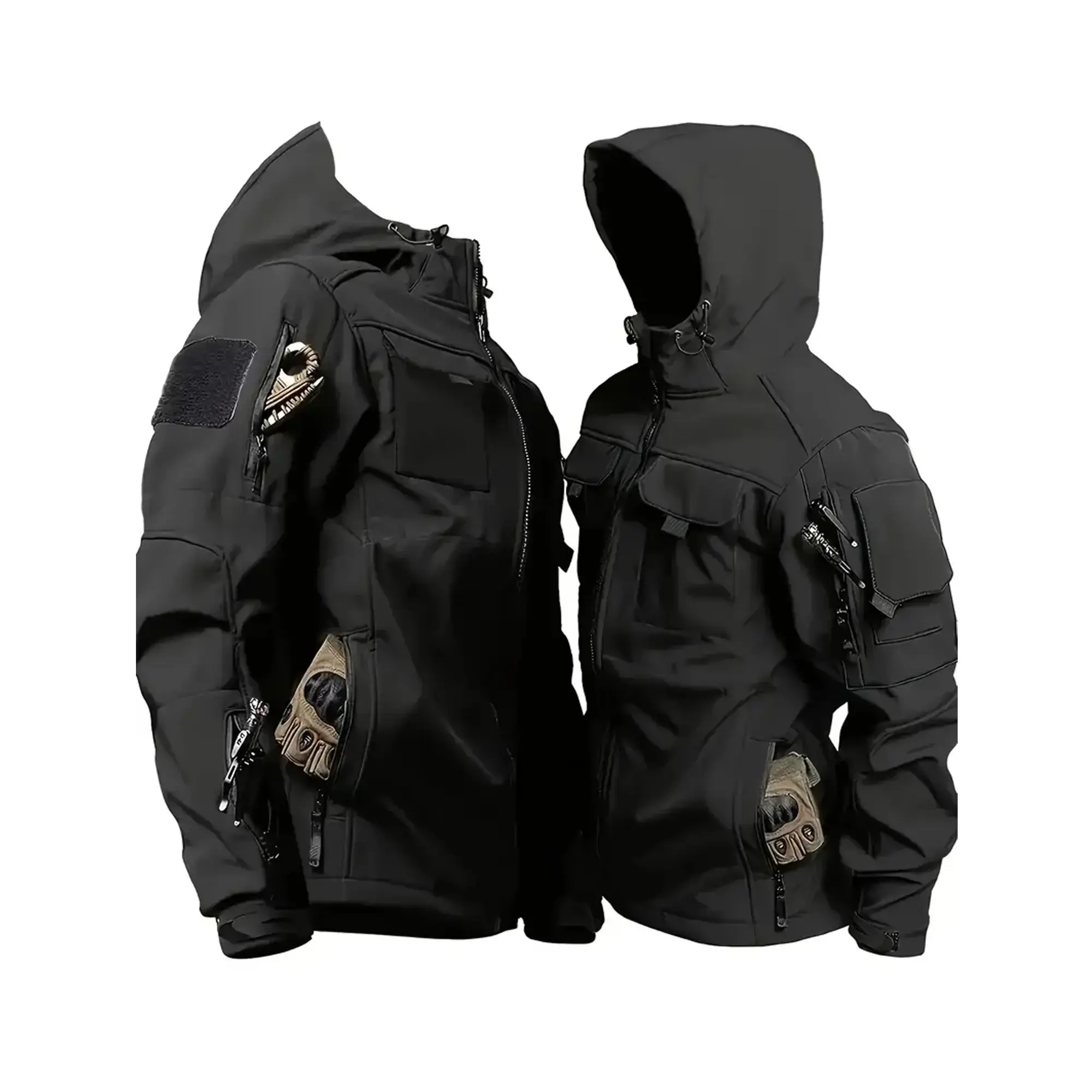 Men’s hooded multi-pocket tactical jacket, waterproof and wear-resistant softshell functional outerwear suitable for mountaineering, tactical training, daily commuting, and streetwear.
