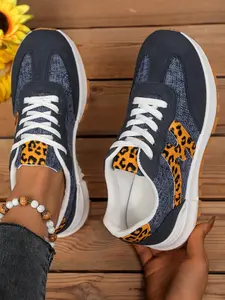 Women's Patchwork Leopard Print Chunky Sole Sneakers, Casual Textile Upper Rubber Sole Shoes for Spring Summer 2026